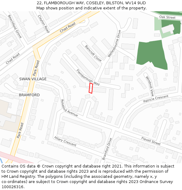 22, FLAMBOROUGH WAY, COSELEY, BILSTON, WV14 9UD: Location map and indicative extent of plot