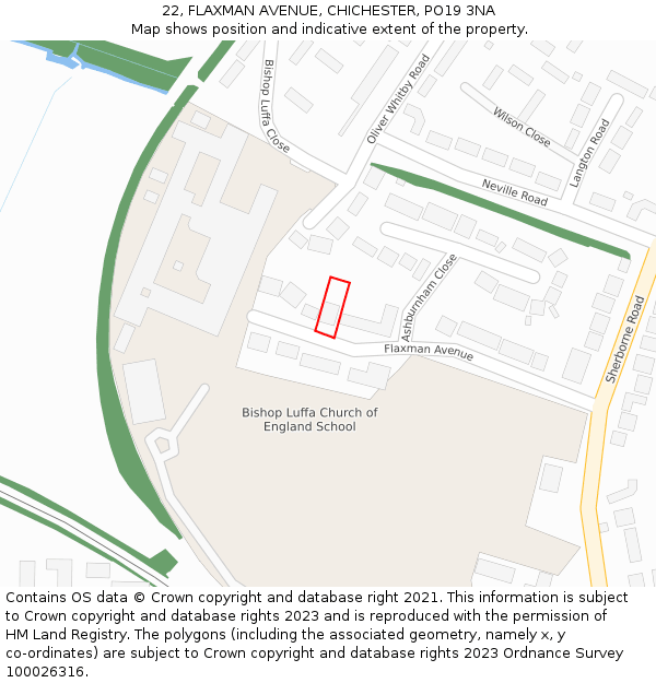 22, FLAXMAN AVENUE, CHICHESTER, PO19 3NA: Location map and indicative extent of plot