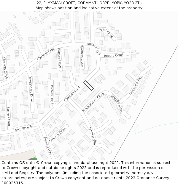 22, FLAXMAN CROFT, COPMANTHORPE, YORK, YO23 3TU: Location map and indicative extent of plot