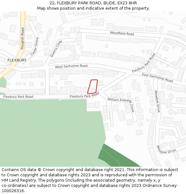 22, FLEXBURY PARK ROAD, BUDE, EX23 8HR: Location map and indicative extent of plot