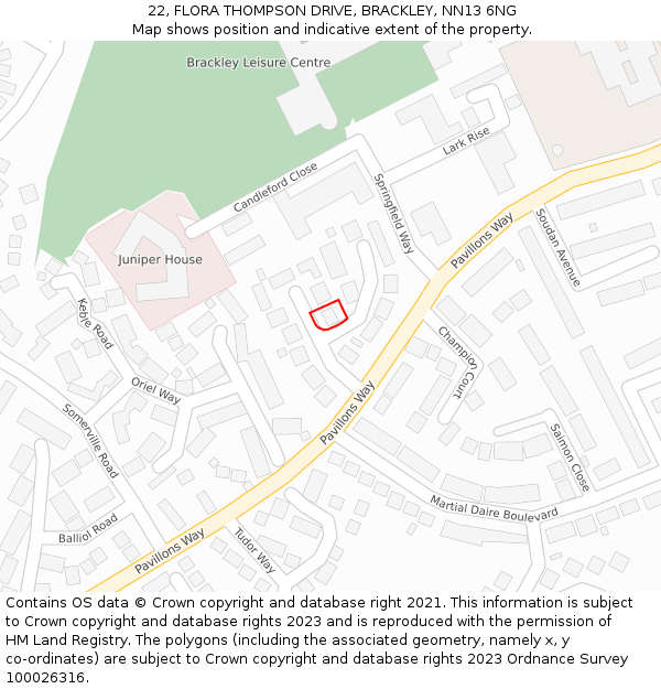 22, FLORA THOMPSON DRIVE, BRACKLEY, NN13 6NG: Location map and indicative extent of plot