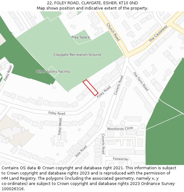 22, FOLEY ROAD, CLAYGATE, ESHER, KT10 0ND: Location map and indicative extent of plot