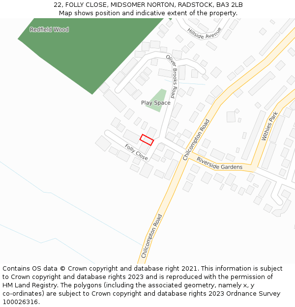 22, FOLLY CLOSE, MIDSOMER NORTON, RADSTOCK, BA3 2LB: Location map and indicative extent of plot