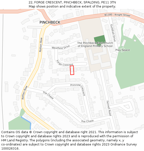 22, FORGE CRESCENT, PINCHBECK, SPALDING, PE11 3TN: Location map and indicative extent of plot