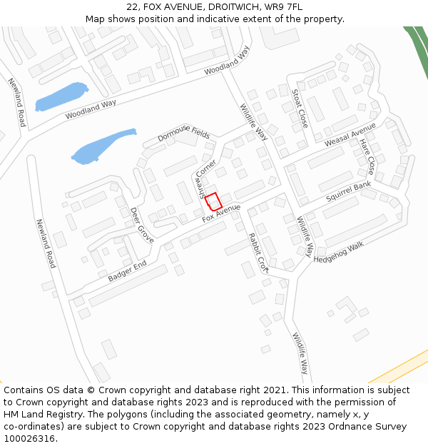 22, FOX AVENUE, DROITWICH, WR9 7FL: Location map and indicative extent of plot