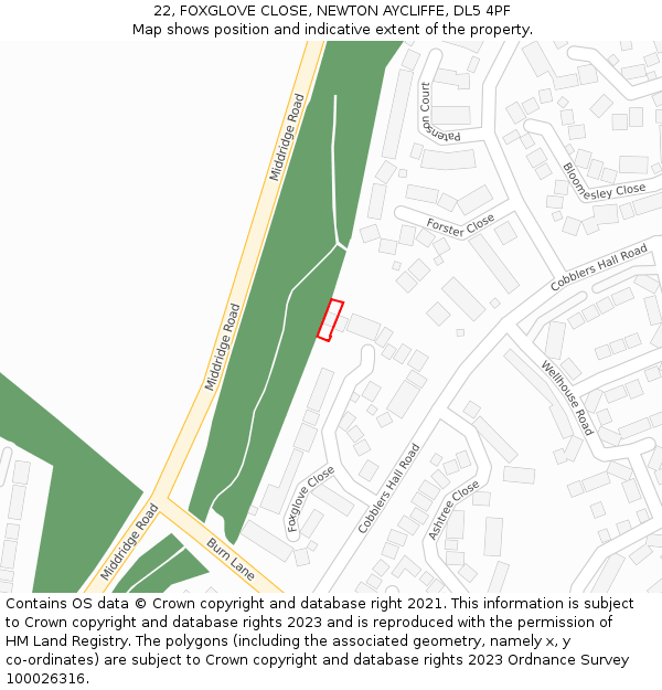 22, FOXGLOVE CLOSE, NEWTON AYCLIFFE, DL5 4PF: Location map and indicative extent of plot