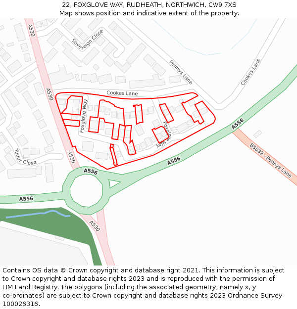 22, FOXGLOVE WAY, RUDHEATH, NORTHWICH, CW9 7XS: Location map and indicative extent of plot