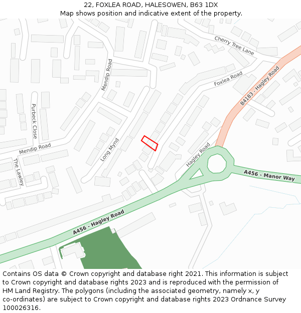 22, FOXLEA ROAD, HALESOWEN, B63 1DX: Location map and indicative extent of plot
