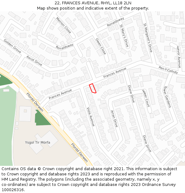 22, FRANCES AVENUE, RHYL, LL18 2LN: Location map and indicative extent of plot