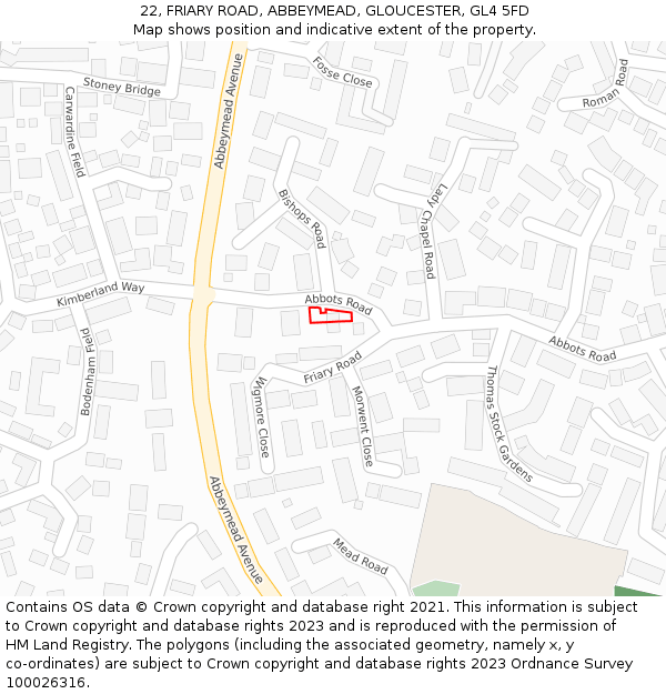 22, FRIARY ROAD, ABBEYMEAD, GLOUCESTER, GL4 5FD: Location map and indicative extent of plot