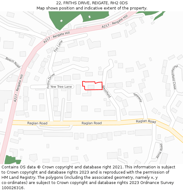 22, FRITHS DRIVE, REIGATE, RH2 0DS: Location map and indicative extent of plot