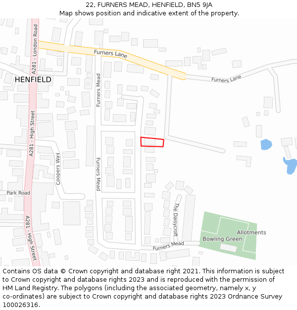 22, FURNERS MEAD, HENFIELD, BN5 9JA: Location map and indicative extent of plot