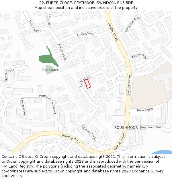 22, FURZE CLOSE, PEATMOOR, SWINDON, SN5 5DB: Location map and indicative extent of plot