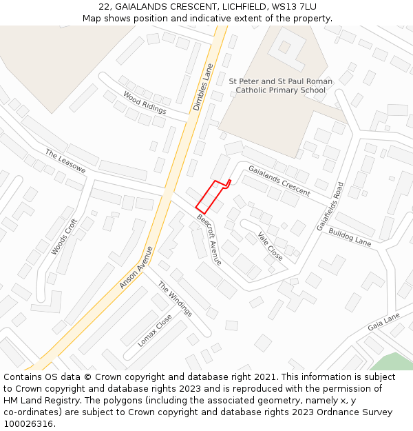 22, GAIALANDS CRESCENT, LICHFIELD, WS13 7LU: Location map and indicative extent of plot