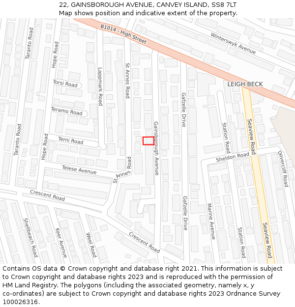 22, GAINSBOROUGH AVENUE, CANVEY ISLAND, SS8 7LT: Location map and indicative extent of plot