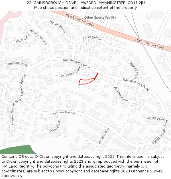 22, GAINSBOROUGH DRIVE, LAWFORD, MANNINGTREE, CO11 2JU: Location map and indicative extent of plot