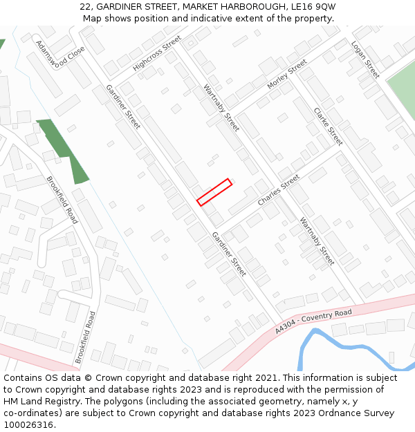 22, GARDINER STREET, MARKET HARBOROUGH, LE16 9QW: Location map and indicative extent of plot