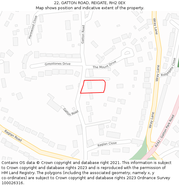 22, GATTON ROAD, REIGATE, RH2 0EX: Location map and indicative extent of plot