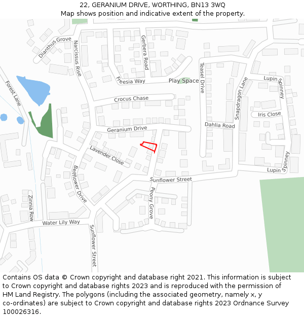 22, GERANIUM DRIVE, WORTHING, BN13 3WQ: Location map and indicative extent of plot