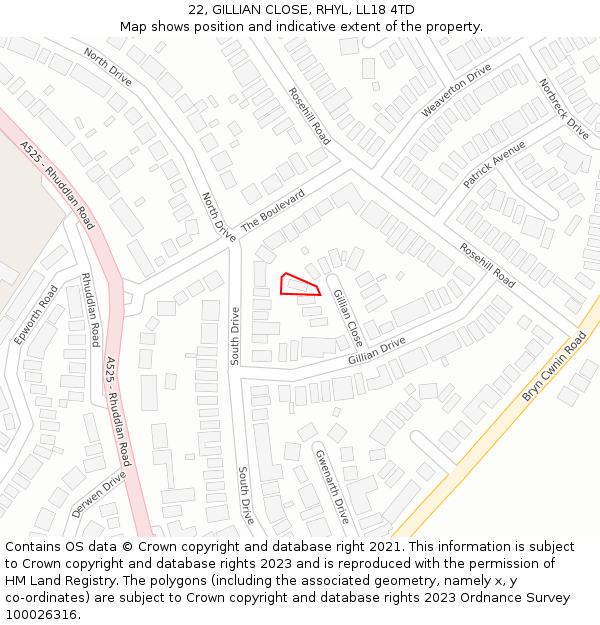 22, GILLIAN CLOSE, RHYL, LL18 4TD: Location map and indicative extent of plot