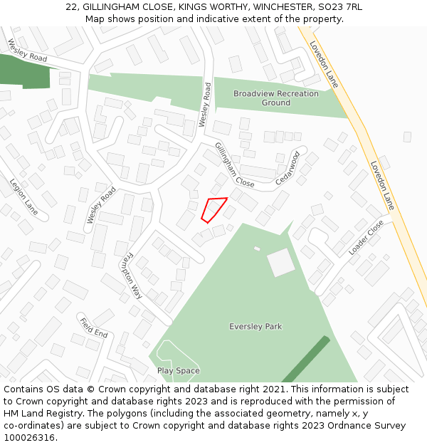 22, GILLINGHAM CLOSE, KINGS WORTHY, WINCHESTER, SO23 7RL: Location map and indicative extent of plot