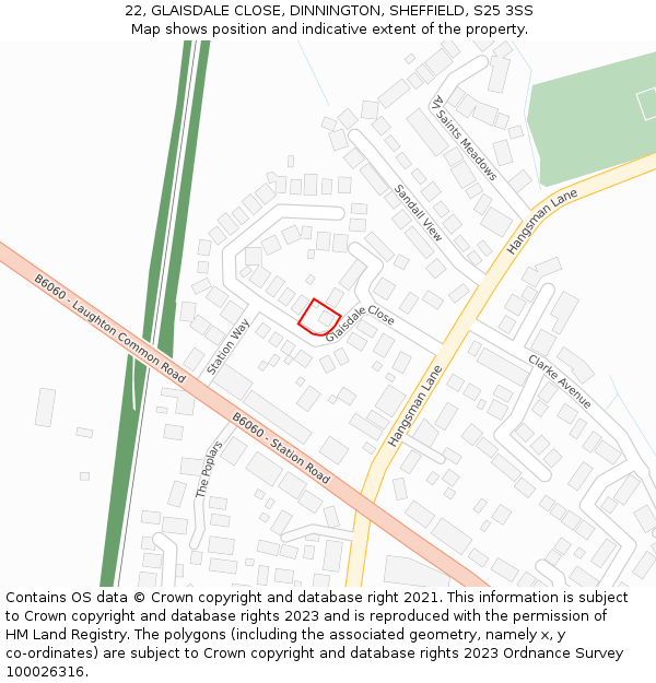 22, GLAISDALE CLOSE, DINNINGTON, SHEFFIELD, S25 3SS: Location map and indicative extent of plot