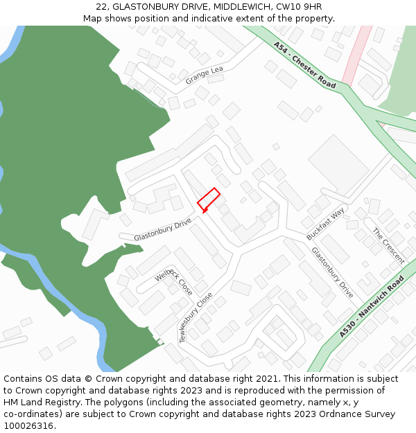 22, GLASTONBURY DRIVE, MIDDLEWICH, CW10 9HR: Location map and indicative extent of plot