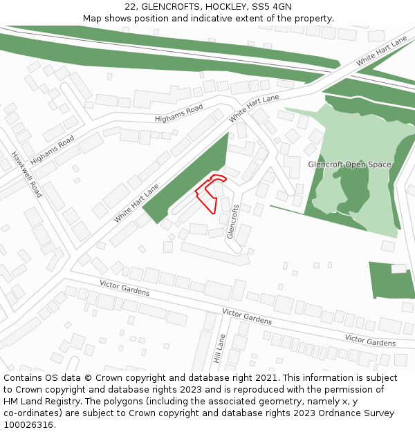 22, GLENCROFTS, HOCKLEY, SS5 4GN: Location map and indicative extent of plot