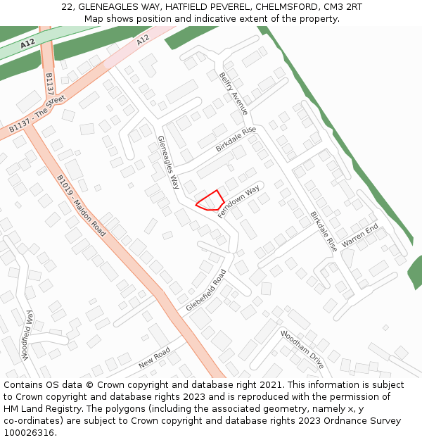 22, GLENEAGLES WAY, HATFIELD PEVEREL, CHELMSFORD, CM3 2RT: Location map and indicative extent of plot