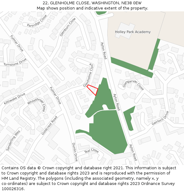 22, GLENHOLME CLOSE, WASHINGTON, NE38 0EW: Location map and indicative extent of plot