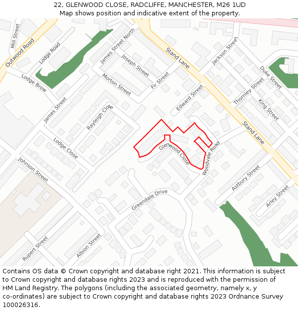 22, GLENWOOD CLOSE, RADCLIFFE, MANCHESTER, M26 1UD: Location map and indicative extent of plot