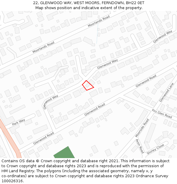 22, GLENWOOD WAY, WEST MOORS, FERNDOWN, BH22 0ET: Location map and indicative extent of plot