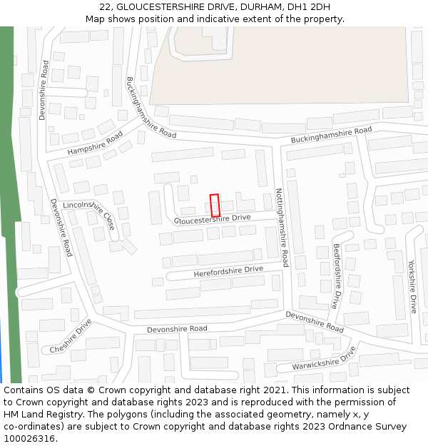 22, GLOUCESTERSHIRE DRIVE, DURHAM, DH1 2DH: Location map and indicative extent of plot