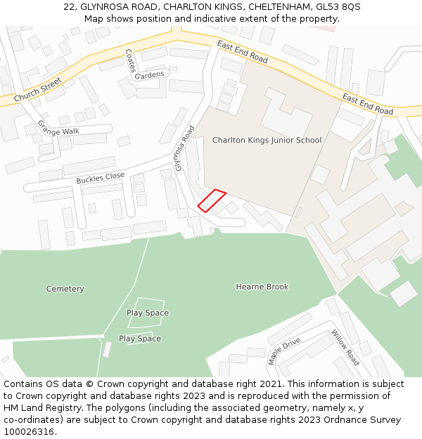 22, GLYNROSA ROAD, CHARLTON KINGS, CHELTENHAM, GL53 8QS: Location map and indicative extent of plot