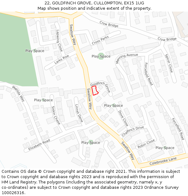 22, GOLDFINCH GROVE, CULLOMPTON, EX15 1UG: Location map and indicative extent of plot