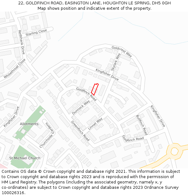22, GOLDFINCH ROAD, EASINGTON LANE, HOUGHTON LE SPRING, DH5 0GH: Location map and indicative extent of plot
