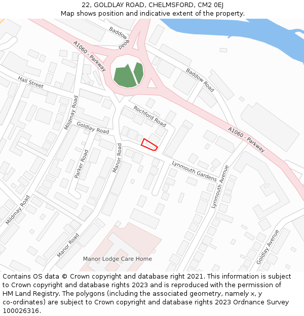 22, GOLDLAY ROAD, CHELMSFORD, CM2 0EJ: Location map and indicative extent of plot