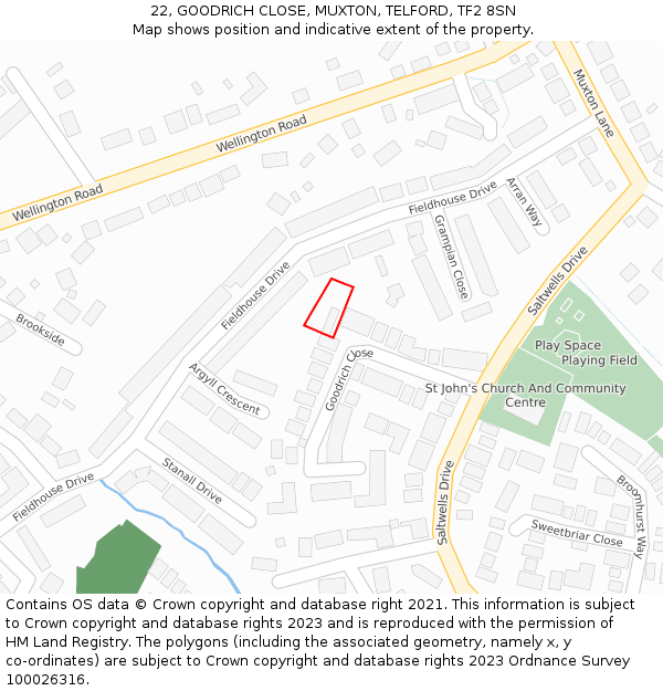 22, GOODRICH CLOSE, MUXTON, TELFORD, TF2 8SN: Location map and indicative extent of plot