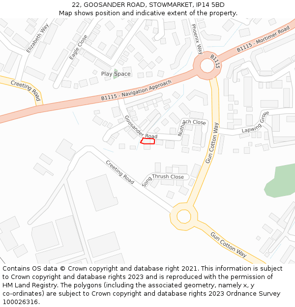 22, GOOSANDER ROAD, STOWMARKET, IP14 5BD: Location map and indicative extent of plot