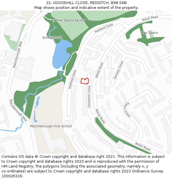 22, GOOSEHILL CLOSE, REDDITCH, B98 0AB: Location map and indicative extent of plot