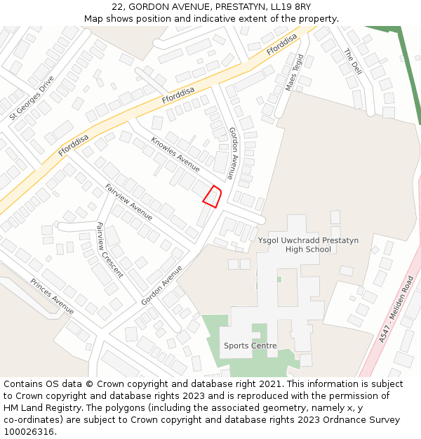 22, GORDON AVENUE, PRESTATYN, LL19 8RY: Location map and indicative extent of plot