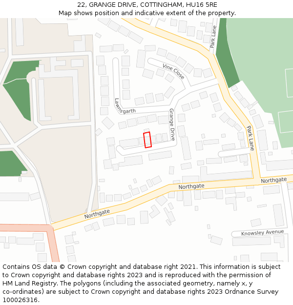 22, GRANGE DRIVE, COTTINGHAM, HU16 5RE: Location map and indicative extent of plot