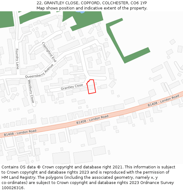 22, GRANTLEY CLOSE, COPFORD, COLCHESTER, CO6 1YP: Location map and indicative extent of plot