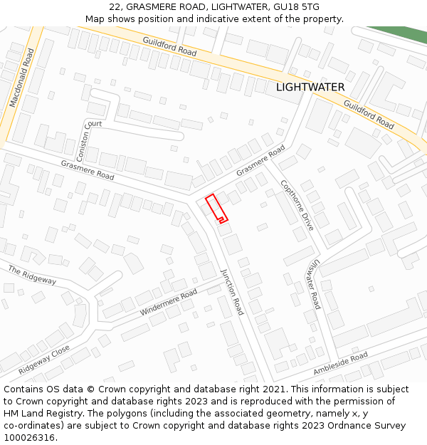 22, GRASMERE ROAD, LIGHTWATER, GU18 5TG: Location map and indicative extent of plot