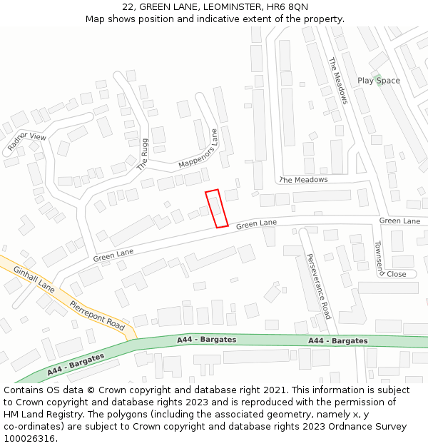 22, GREEN LANE, LEOMINSTER, HR6 8QN: Location map and indicative extent of plot