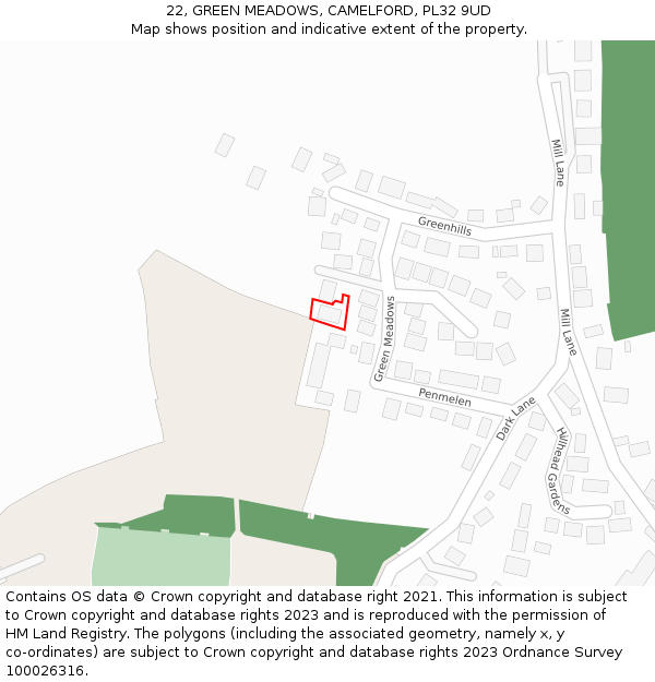 22, GREEN MEADOWS, CAMELFORD, PL32 9UD: Location map and indicative extent of plot