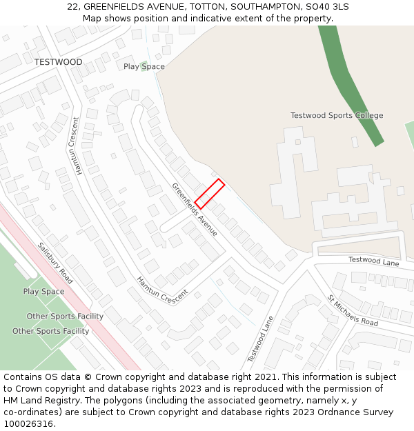 22, GREENFIELDS AVENUE, TOTTON, SOUTHAMPTON, SO40 3LS: Location map and indicative extent of plot