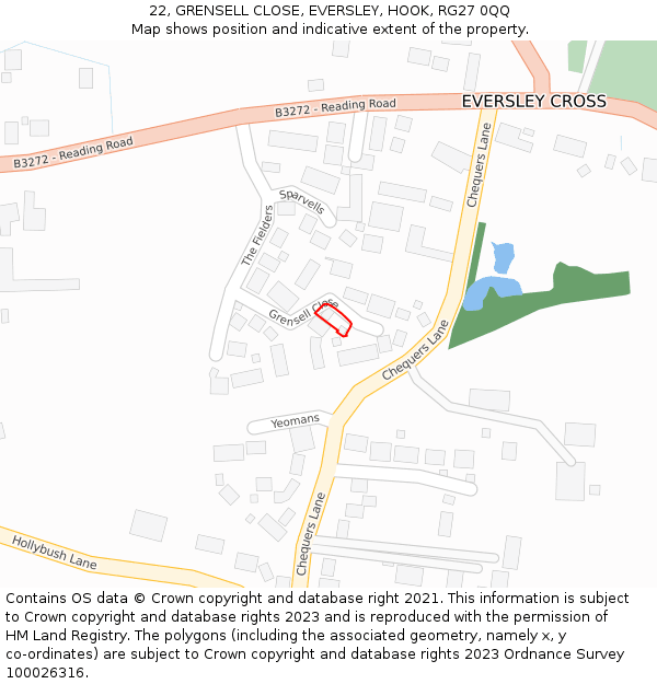 22, GRENSELL CLOSE, EVERSLEY, HOOK, RG27 0QQ: Location map and indicative extent of plot
