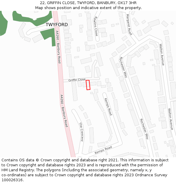 22, GRIFFIN CLOSE, TWYFORD, BANBURY, OX17 3HR: Location map and indicative extent of plot