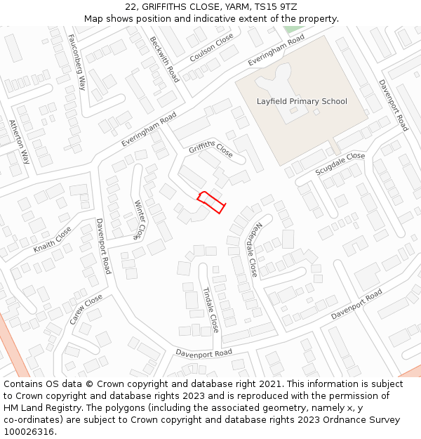 22, GRIFFITHS CLOSE, YARM, TS15 9TZ: Location map and indicative extent of plot